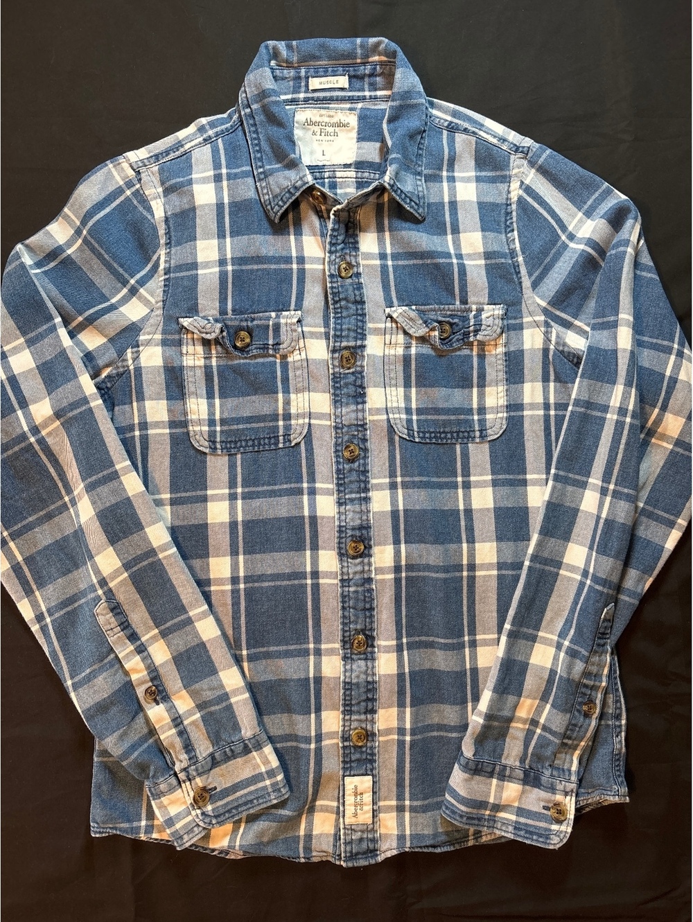 Abercrombie & Fitch Muscle Fit Large Blue Plaid Flannel Shirt Double Pocket